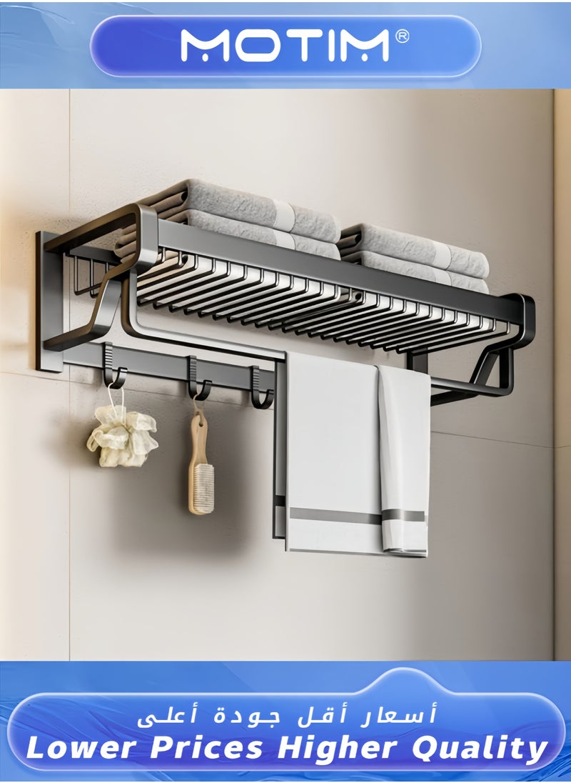 Towel Rail Bathroom Towel Rack Foldable Double Towel Holder with Towel Bar and Hooks for Bathroom Kitchen Thicken Space Aluminum Towel Shelf Wall Mount No Drill