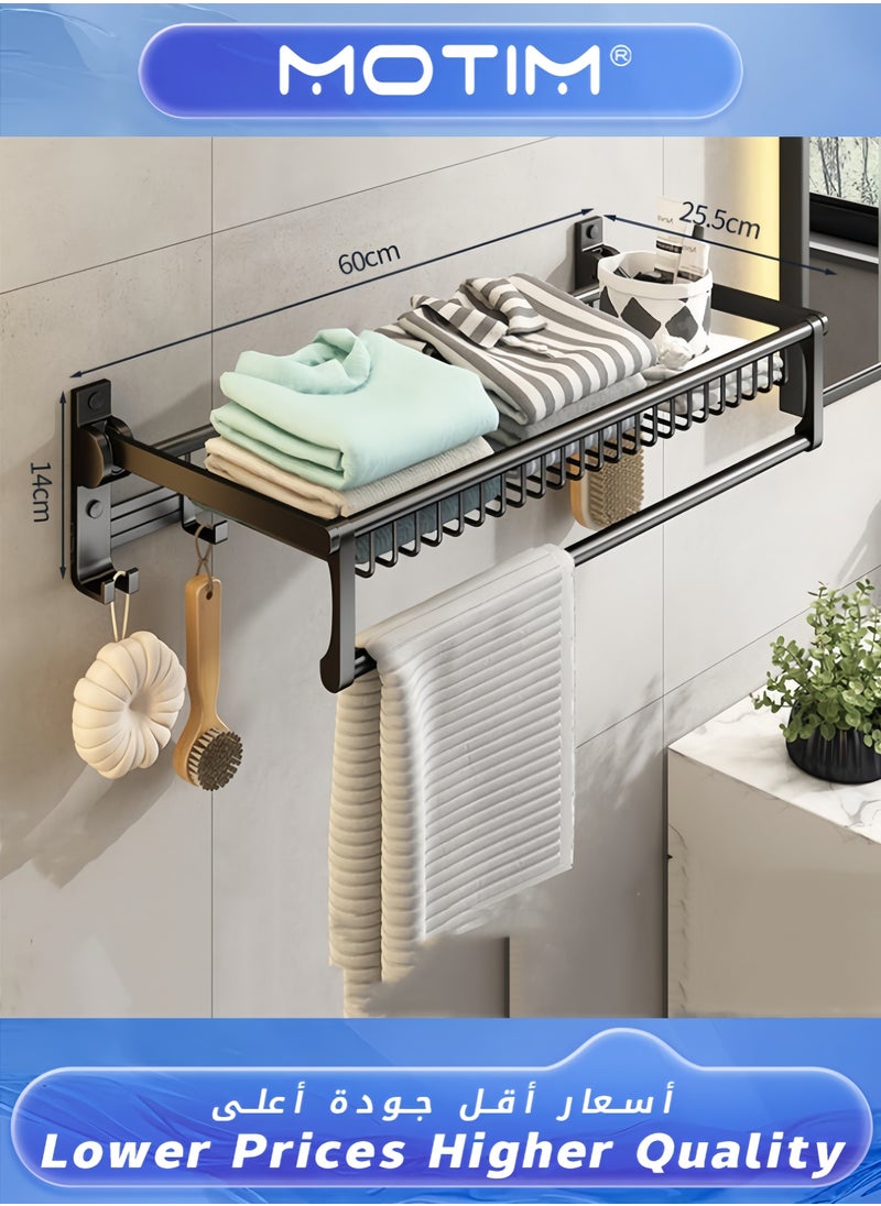 Towel Rail Bathroom Towel Rack Foldable Double Towel Holder with Towel Bar and Hooks for Bathroom Kitchen Thicken Space Aluminum Towel Shelf Wall Mount No Drill