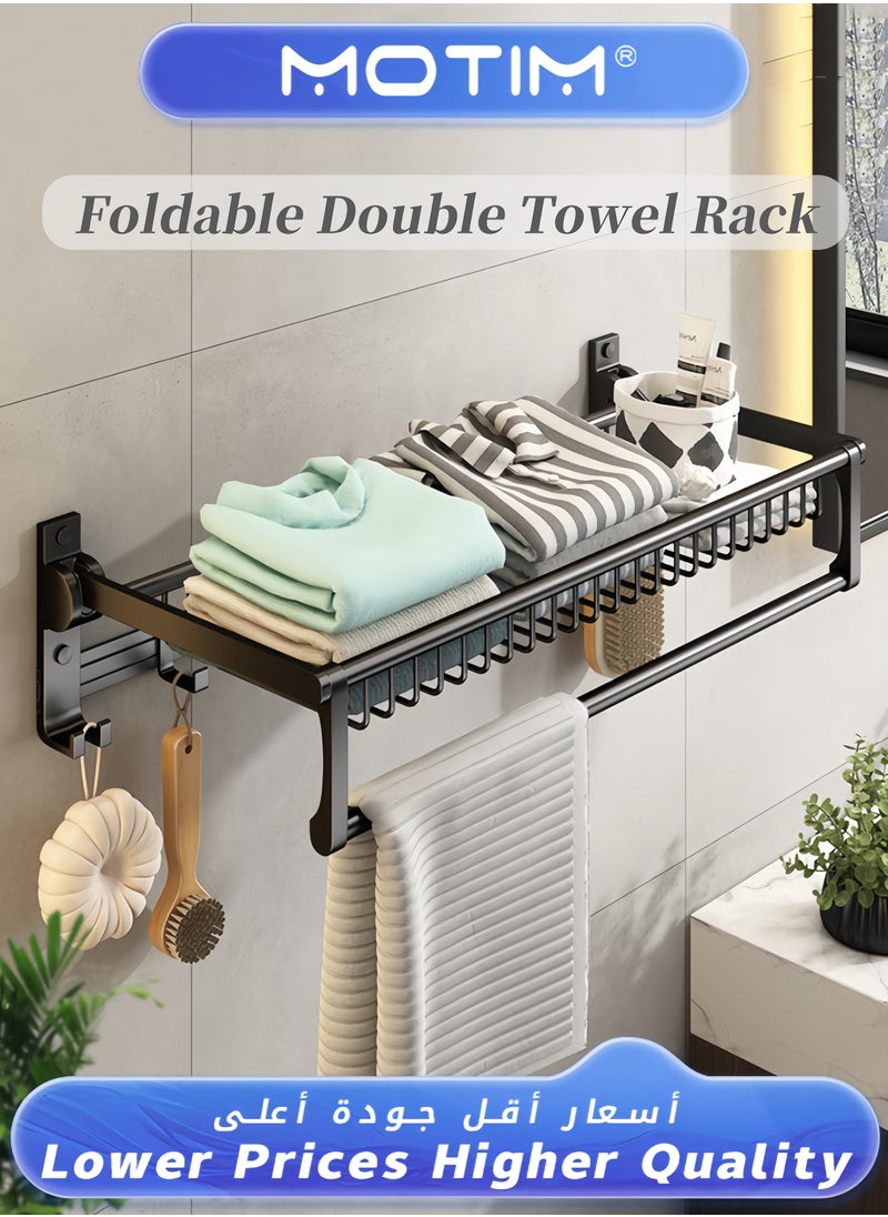 Towel Rail Bathroom Towel Rack Foldable Double Towel Holder with Towel Bar and Hooks for Bathroom Kitchen Thicken Space Aluminum Towel Shelf Wall Mount No Drill