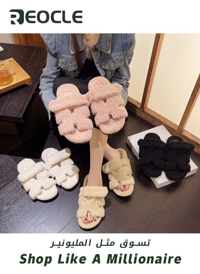 Women's Luxury Fuzzy Faux Fur Plush Slippers Cosy Slides Women's Slippers Summer Winter Bathing Shoes Slippers Green