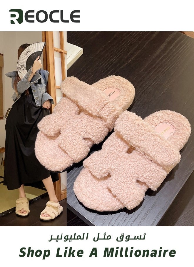 Women's Luxury Fuzzy Faux Fur Plush Slippers Cosy Slides Women's Slippers Summer Winter Bathing Shoes Slippers Green