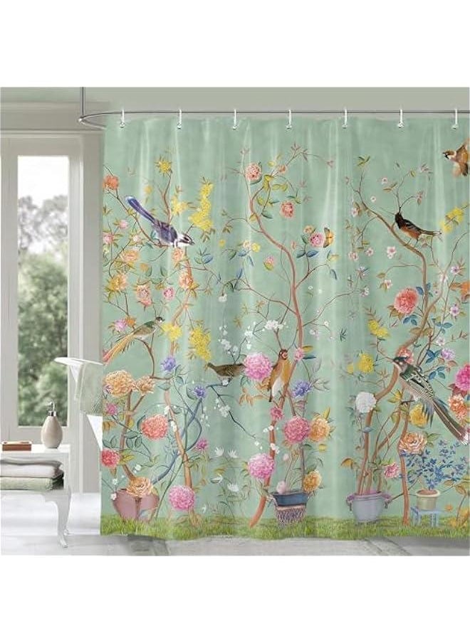 Green Mold-Resistant Bird Floral Shower Curtain with 12 Hooks - Waterproof, Quick-Drying, Weighted - 180x180cm (71x71 Inch) Polyester Curtain for Bathroom