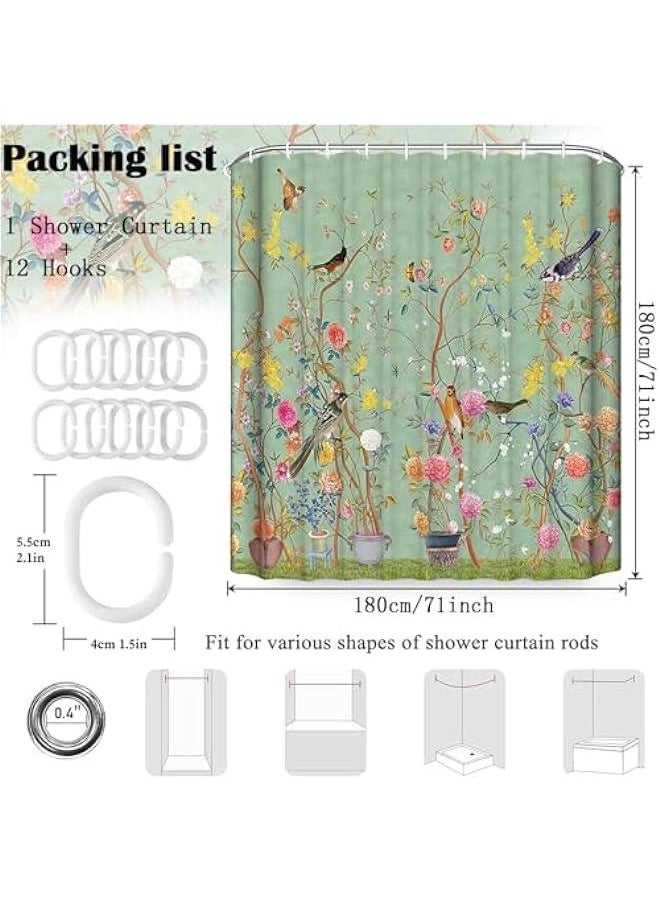 Green Mold-Resistant Bird Floral Shower Curtain with 12 Hooks - Waterproof, Quick-Drying, Weighted - 180x180cm (71x71 Inch) Polyester Curtain for Bathroom