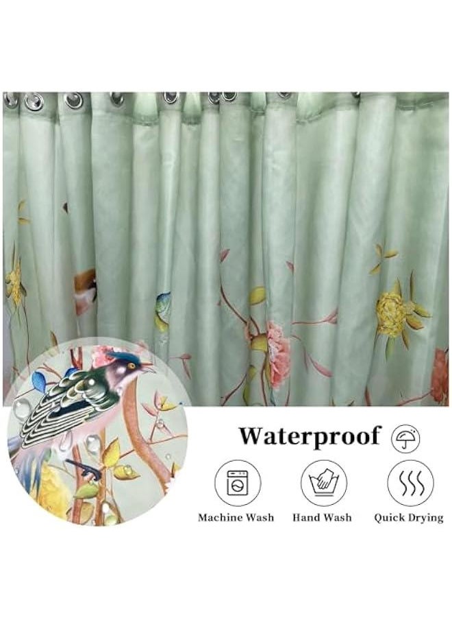 Green Mold-Resistant Bird Floral Shower Curtain with 12 Hooks - Waterproof, Quick-Drying, Weighted - 180x180cm (71x71 Inch) Polyester Curtain for Bathroom