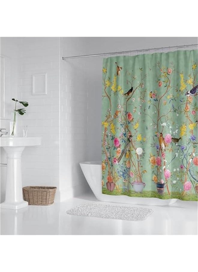 Green Mold-Resistant Bird Floral Shower Curtain with 12 Hooks - Waterproof, Quick-Drying, Weighted - 180x180cm (71x71 Inch) Polyester Curtain for Bathroom