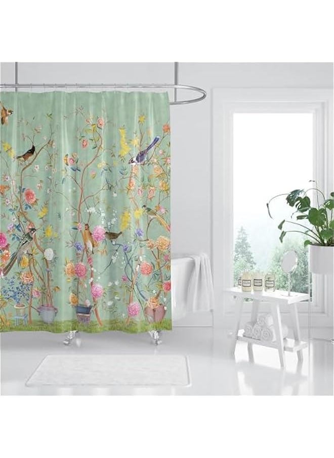 Green Mold-Resistant Bird Floral Shower Curtain with 12 Hooks - Waterproof, Quick-Drying, Weighted - 180x180cm (71x71 Inch) Polyester Curtain for Bathroom