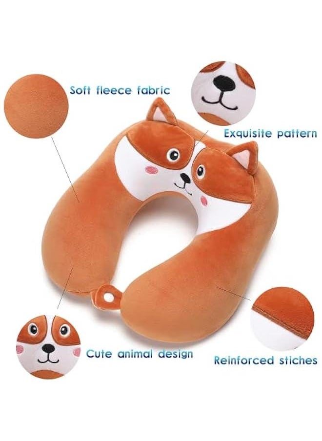 Animal Memory Foam Neck Pillow with Eye Mask Set, Soft Fleece Cover, Travel Kit, Drawstring Bag, Machine Washable - Puppy