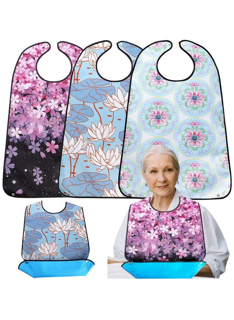 3 Pack Adult Bibs for Elderly, Washable and Waterproof Bibs 30 x 19.5 Inch Clothing Protectors with Optional Crumb Catcher for Women Men Seniors Eating During Mealtime