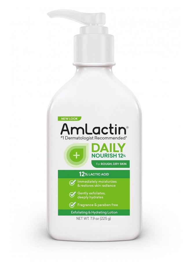 AmLactin Daily Moisturizing Lotion for Dry Skin 7.9 oz Pump Bottle 2-in-1 Exfoliator and Body Lotion with 12% Lactic Acid, Dermatologist-Recommended Moisturizer for Soft Smooth Skin