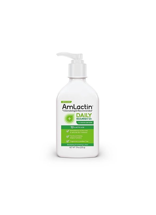 AmLactin Daily Moisturizing Lotion for Dry Skin 7.9 oz Pump Bottle 2-in-1 Exfoliator and Body Lotion with 12% Lactic Acid, Dermatologist-Recommended Moisturizer for Soft Smooth Skin