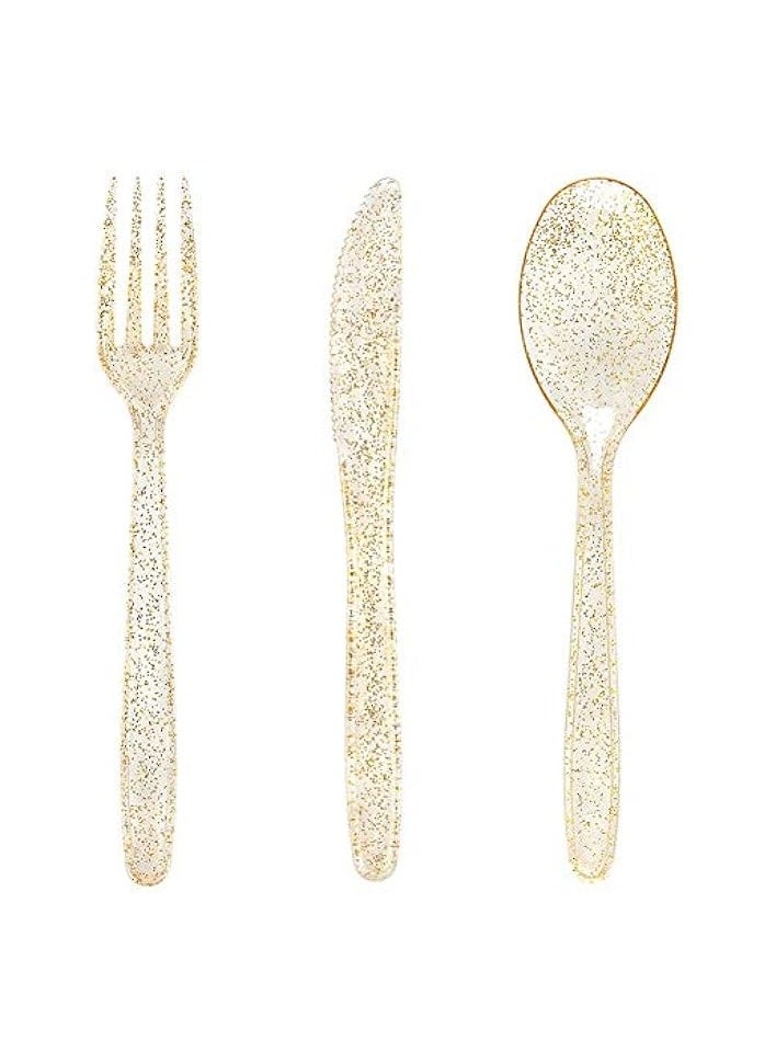 30 Pieces PVC Plastic Knife and Fork Cutlery Set,Disposable Gold Glitter Plastic Tableware Set - Plastic Tableware Includes: 10 Gold Forks, 10 Gold Spoons