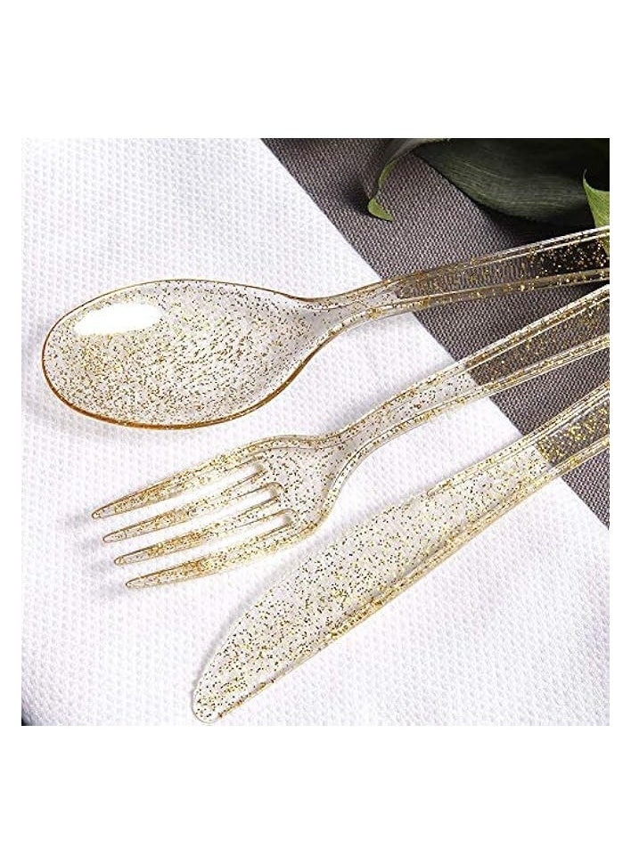 30 Pieces PVC Plastic Knife and Fork Cutlery Set,Disposable Gold Glitter Plastic Tableware Set - Plastic Tableware Includes: 10 Gold Forks, 10 Gold Spoons