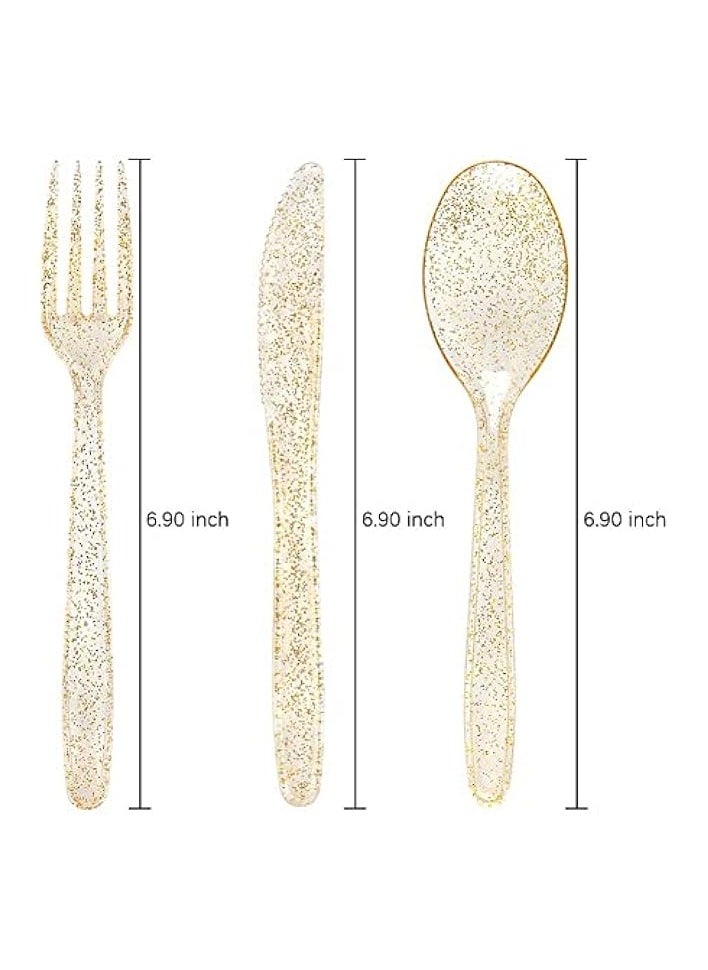 30 Pieces PVC Plastic Knife and Fork Cutlery Set,Disposable Gold Glitter Plastic Tableware Set - Plastic Tableware Includes: 10 Gold Forks, 10 Gold Spoons