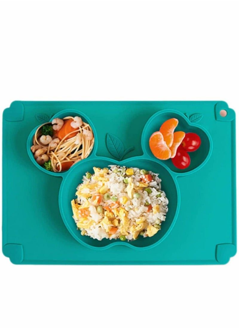 Baby Silicone Plate + Placement, Non-Slip Feeding Plate for Toddlers Babies Kids with Strong Suction Fits Most Highchair Trays. Dishwasher and Microwave Safe with Spoon & Fork