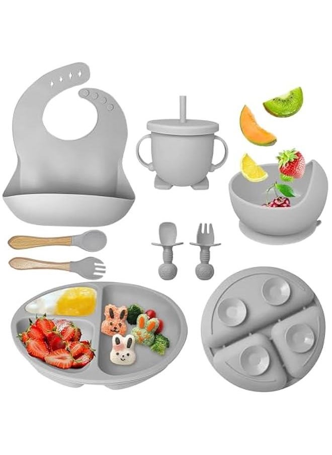 Silicone Baby Feeding Set Of 8, Baby Led Weaning Supplies with Suction Bowl Divided Plate, Toddler Self Feeding Dish Set with Spoons Forks Sippy Cup Adjustable Bib (Grey)