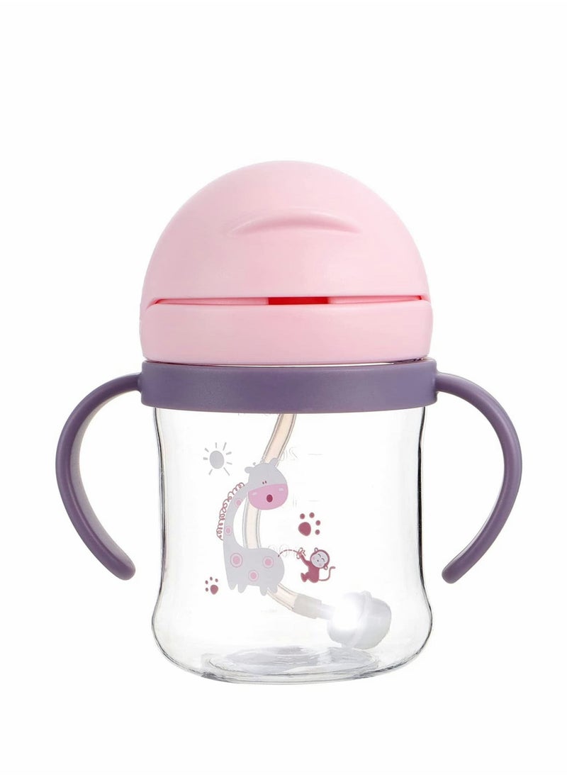 Sippy Cups for Toddlers 250ML, 360° Water Leak Proof Weighted Straw Cup with Handle Water Bottle Soft Spout Learner Cup with Graduated Anti-choking Handle Water Bottle Drop-resistant Cup (Pink)