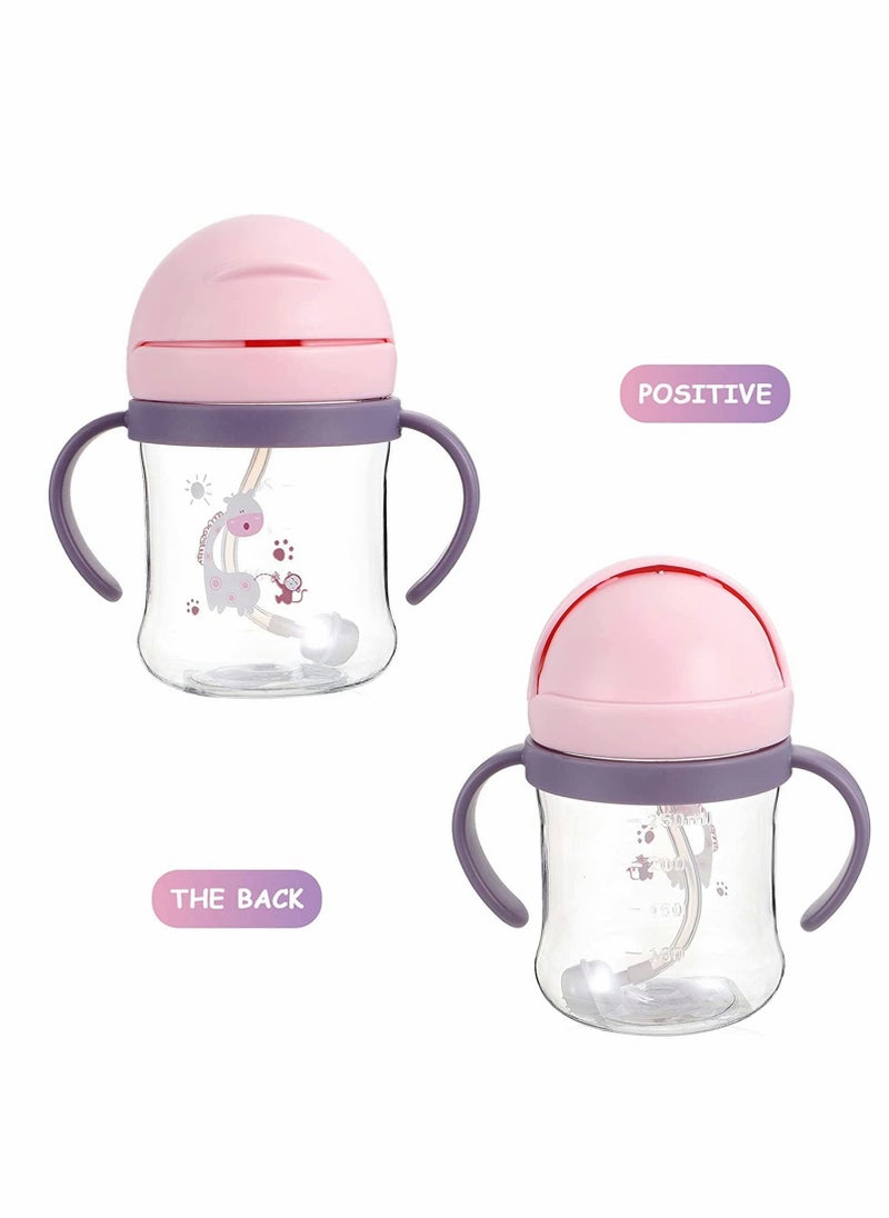 Sippy Cups for Toddlers 250ML, 360° Water Leak Proof Weighted Straw Cup with Handle Water Bottle Soft Spout Learner Cup with Graduated Anti-choking Handle Water Bottle Drop-resistant Cup (Pink)