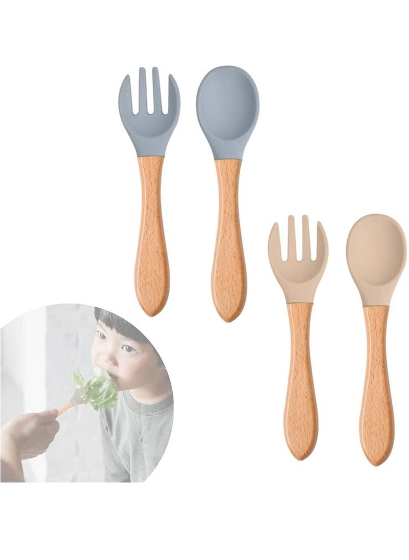 Baby Fork and Spoon Set, 4 Pcs Silicone Feeding Utensil Easy Grip Toddler Cutlery Kit Children's Flatware Kids Cutlery Set for Infant Toddler Children First Training Weaning, 6-12 Month