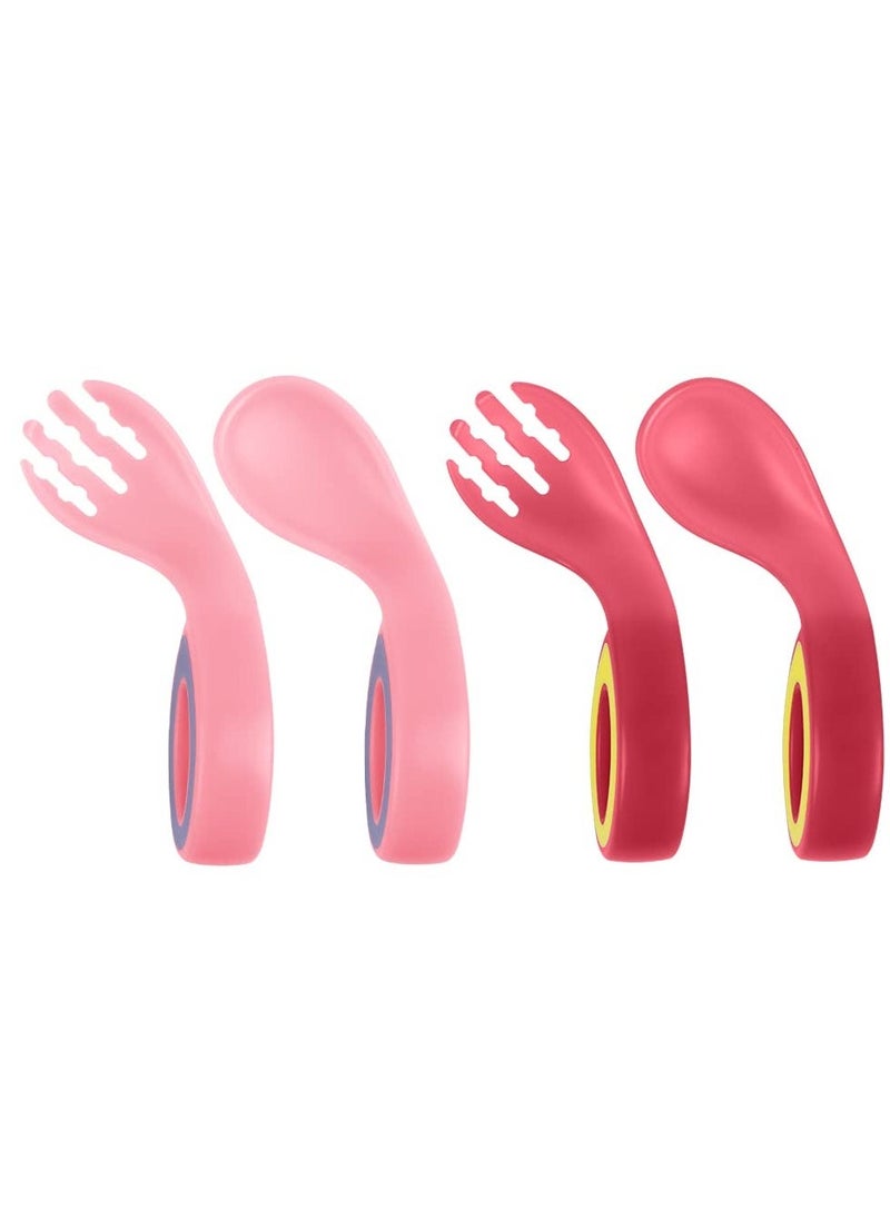 4-Piece Baby Fork and Spoon Set, Easy Grip Toddler Cutlery Kit for Self-Feeding, Bendable Spoons and Forks for Weaning and Feeding (Red/Pink)