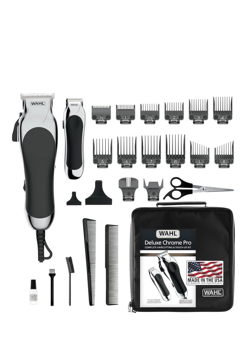 Clipper USA Deluxe Corded Chrome Pro, Complete Hair and Trimming Kit, Includes Corded Clipper, Cordless Battery Trimmer, and Styling Shears, for a Cut Every Time - Model 79524-5201M