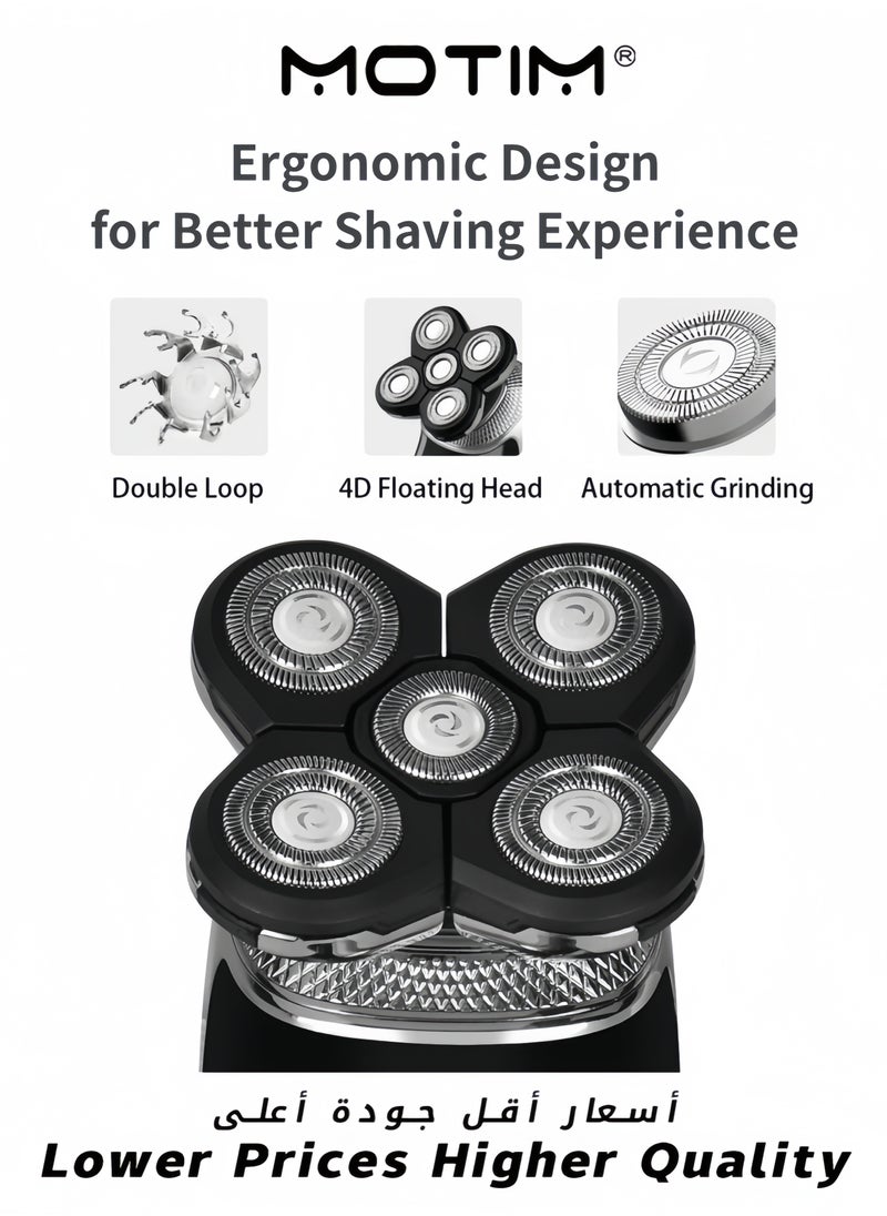 5-in-1 Electric Shaver Kit for Men Multifunctional Rotary Head & Face Grooming Kit Waterproof USB Rechargeable Cordless with LED Display