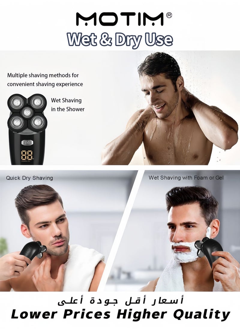 5-in-1 Electric Shaver Kit for Men Multifunctional Rotary Head & Face Grooming Kit Waterproof USB Rechargeable Cordless with LED Display