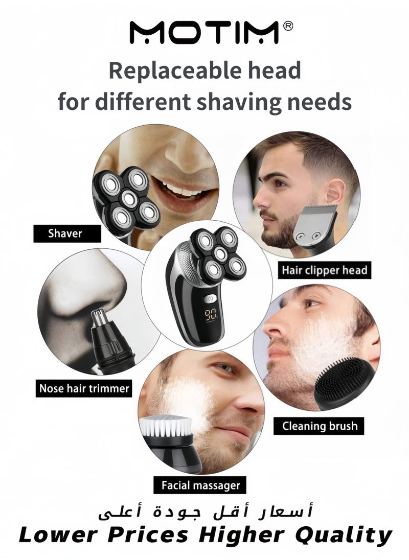 5-in-1 Electric Shaver Kit for Men Multifunctional Rotary Head & Face Grooming Kit Waterproof USB Rechargeable Cordless with LED Display