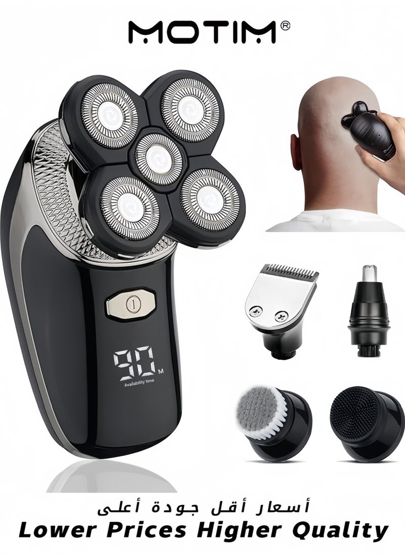 5-in-1 Electric Shaver Kit for Men Multifunctional Rotary Head & Face Grooming Kit Waterproof USB Rechargeable Cordless with LED Display