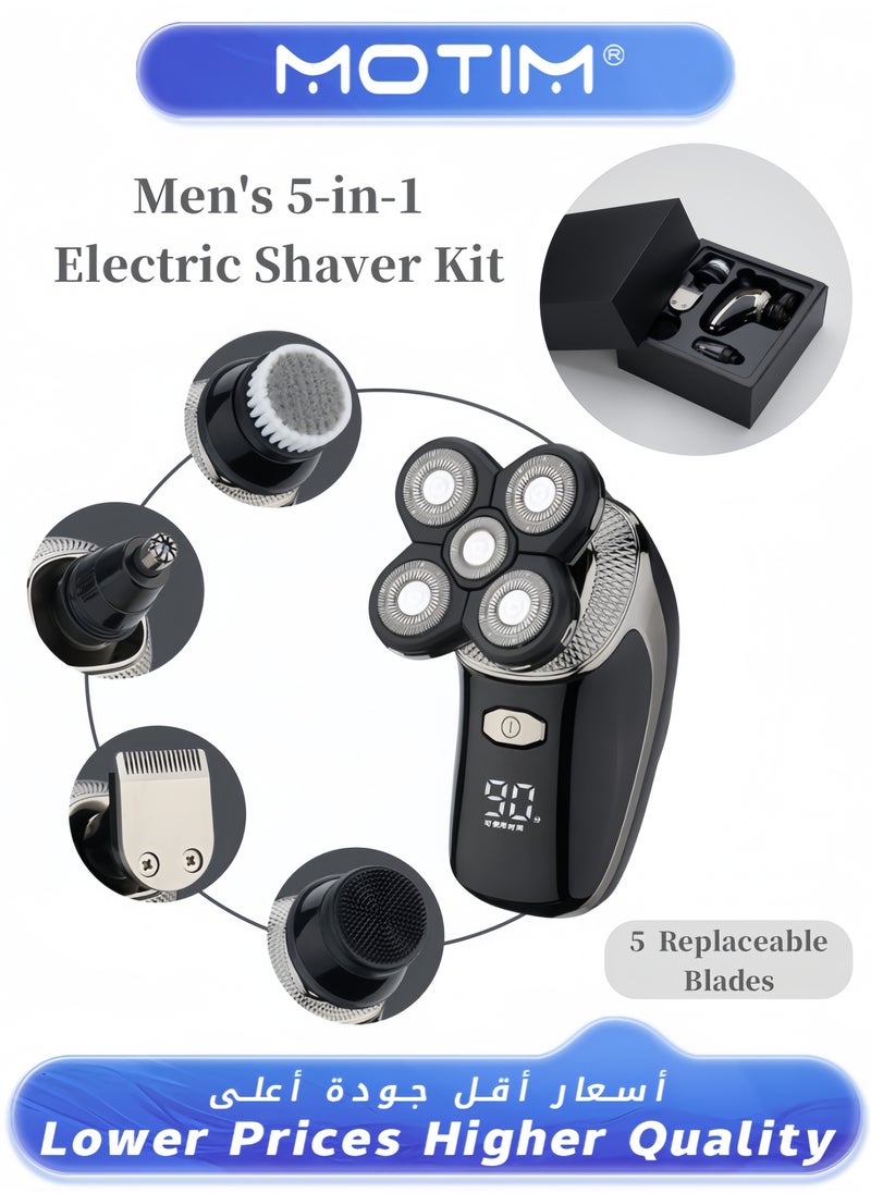 5-in-1 Electric Shaver Kit for Men Multifunctional Rotary Head & Face Grooming Kit Waterproof USB Rechargeable Cordless with LED Display