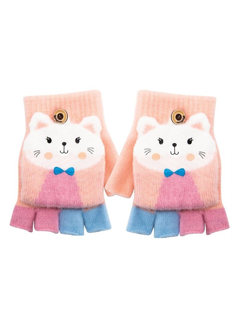 Kids Fingerless Gloves, 1 Pairs Winter Warm Convertible Flip Top Gloves Soft Knit Lining and Elastic Cute Cartoon for Kids Boy Girls 7-10 Years