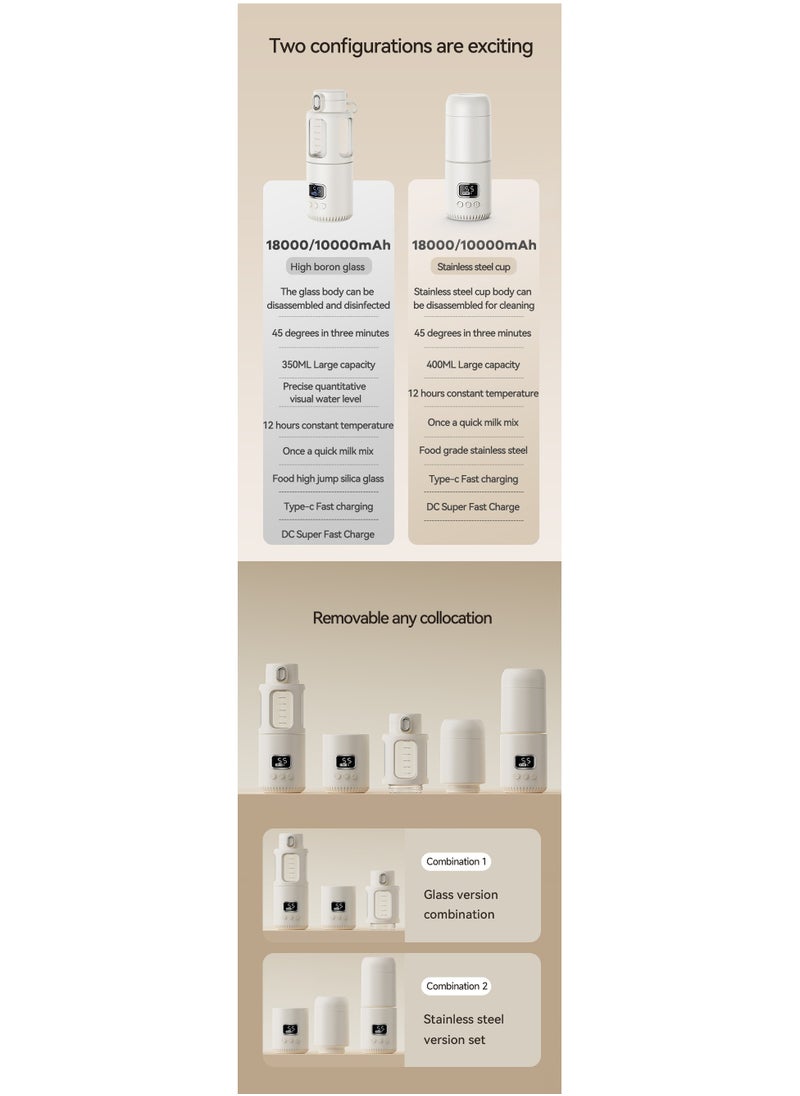 Wireless Smart Thermostatic Milk Mixing Cup, 350ML Capacity, 12 Hours Constant Temperature, 18000mAh Large Battery, Faster Heating，Constant temperature cup for babies to take out for milk making, wireless insulation milk mixer for soaking milk-Stainless steel cup body (cup lid integrated)