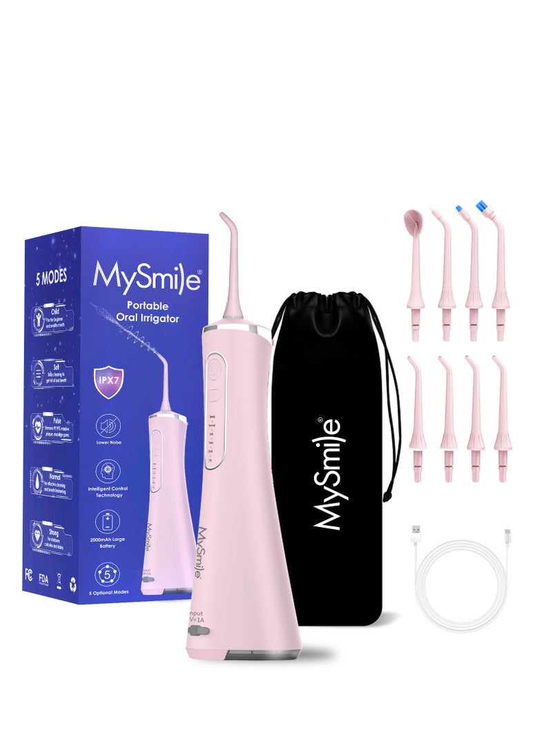 MySmile LP211 Cordless Advanced Water Flosser for Teeth 5 Cleaning Modes Rechargeable Power Dental Flosser 8 Replacement Jet Tips IPX 7 Waterproof Dental Irrigador with Travel Storage Pouch (Pink)