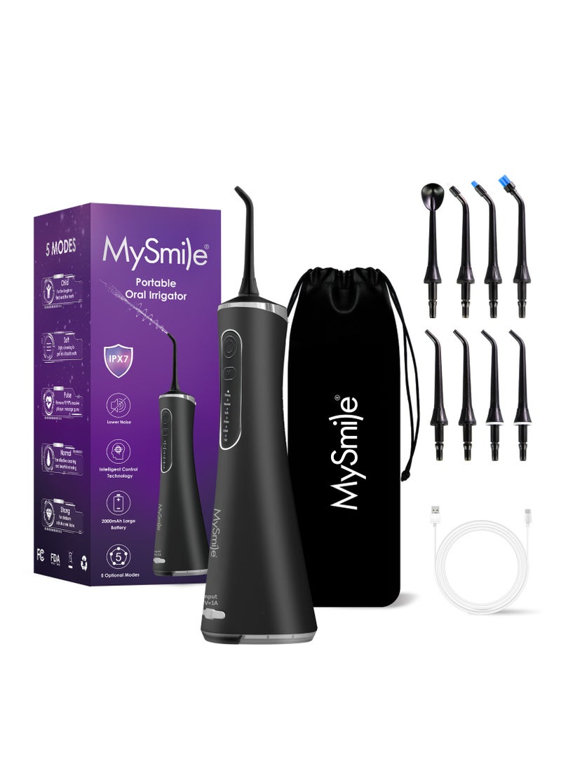 MySmile LP211 Cordless Advanced Water Flosser for Teeth 5 Cleaning Modes Rechargeable Power Dental Flosser 8 Replacement Jet Tips IPX 7 Waterproof Dental Irrigador with Travel Storage Pouch (Black)