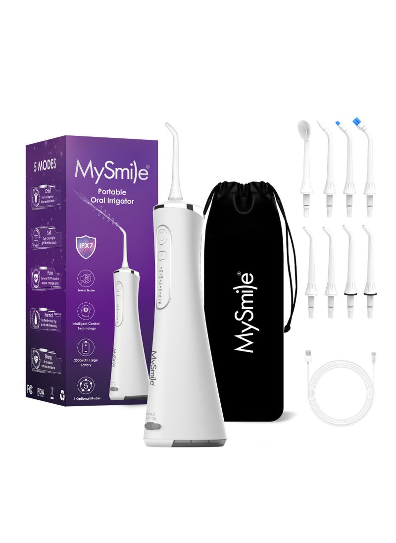 MySmile LP211 Cordless Advanced Water Flosser for Teeth 5 Cleaning Modes Rechargeable Power Dental Flosser 8 Replacement Jet Tips IPX 7 Waterproof Dental Irrigador with Travel Storage Pouch (White)