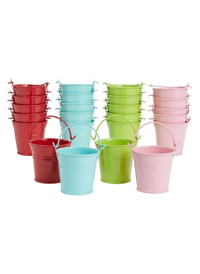 24-Pack Mini Metal Buckets - 2-Inch Small Colorful Tin Pails For Party Favors (Green, Blue, Pink, Red)