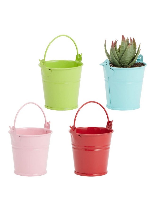 24-Pack Mini Metal Buckets - 2-Inch Small Colorful Tin Pails For Party Favors (Green, Blue, Pink, Red)