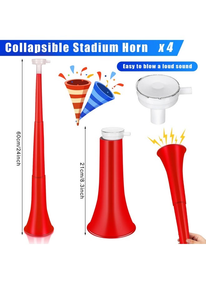 4 Pieces Collapsible Stadium Horn 24 Inch Vuvuzela Plastic Trumpet Horn Blow Horn Noisemakers For Sporting Events Graduation Games School Sports Party Supplies Favors Accessories (Red)