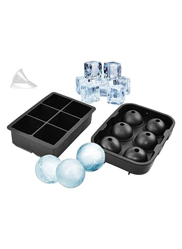 Ice Cube Trays 2 Set + Funnel Silicone Molds - Sphere Ice Ball Maker and Large Frozen Square Cubes - BPA Free and Reusable with Lid - Round Ice Cube Mold