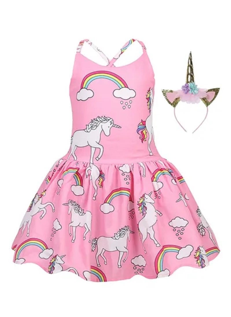 Unicorn Print Dresses With Headband for Girls