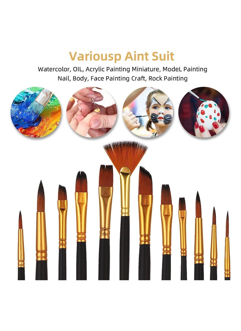 Paint Brush Set 12 Pcs Nylon Oil Painting Brush Students' Watercolor Painting Pen Line Drawing Brush Wooden Handle Flat Paint Brushes for Kids Adults Drawing Arts Crafts Supplies