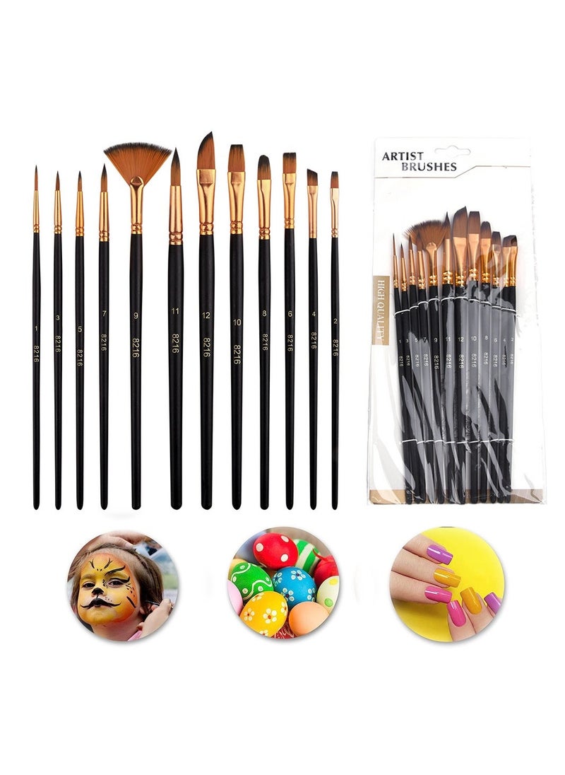 Paint Brush Set 12 Pcs Nylon Oil Painting Brush Students' Watercolor Painting Pen Line Drawing Brush Wooden Handle Flat Paint Brushes for Kids Adults Drawing Arts Crafts Supplies