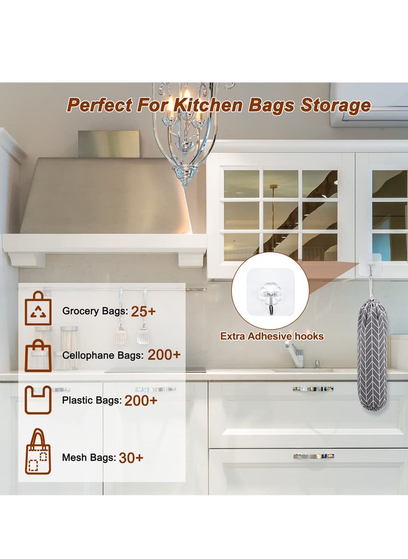 Plastic Bag Holder, 2 Pcs Reusable Grocery Bag Holder Hanging Storage Bag, Wall Mount Trash Bag Dispenser for Home Kitchen Cabinet, Shopping Bags Carrier, Adjustment with Drawstring