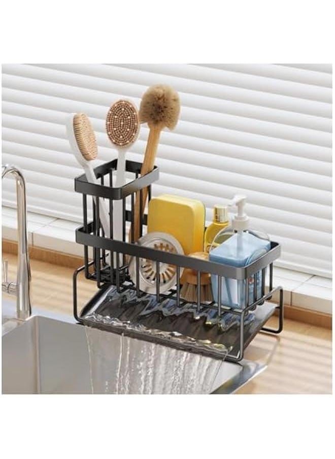 Stainless Steel Sponge Holder for Kitchen Sink, Anti-rust Sponge Caddy, Countertop Kitchen Bathroom Sink Organizer with Drain Tray, Sponge Rack Holder for Dish Soap (Black)