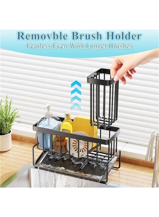 Stainless Steel Sponge Holder for Kitchen Sink, Anti-rust Sponge Caddy, Countertop Kitchen Bathroom Sink Organizer with Drain Tray, Sponge Rack Holder for Dish Soap (Black)