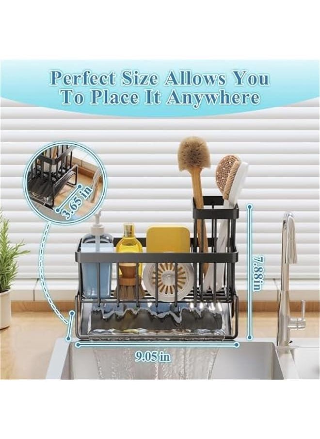 Stainless Steel Sponge Holder for Kitchen Sink, Anti-rust Sponge Caddy, Countertop Kitchen Bathroom Sink Organizer with Drain Tray, Sponge Rack Holder for Dish Soap (Black)