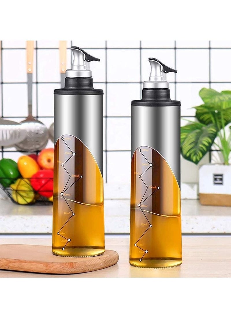 Glass Olive Oil Bottle - 22oz/650ml, Oil and Vinegar Dispenser Set, Container Bottle for Kitchen Cooking with Automatic Opening and Closing Nozzle(Silver)