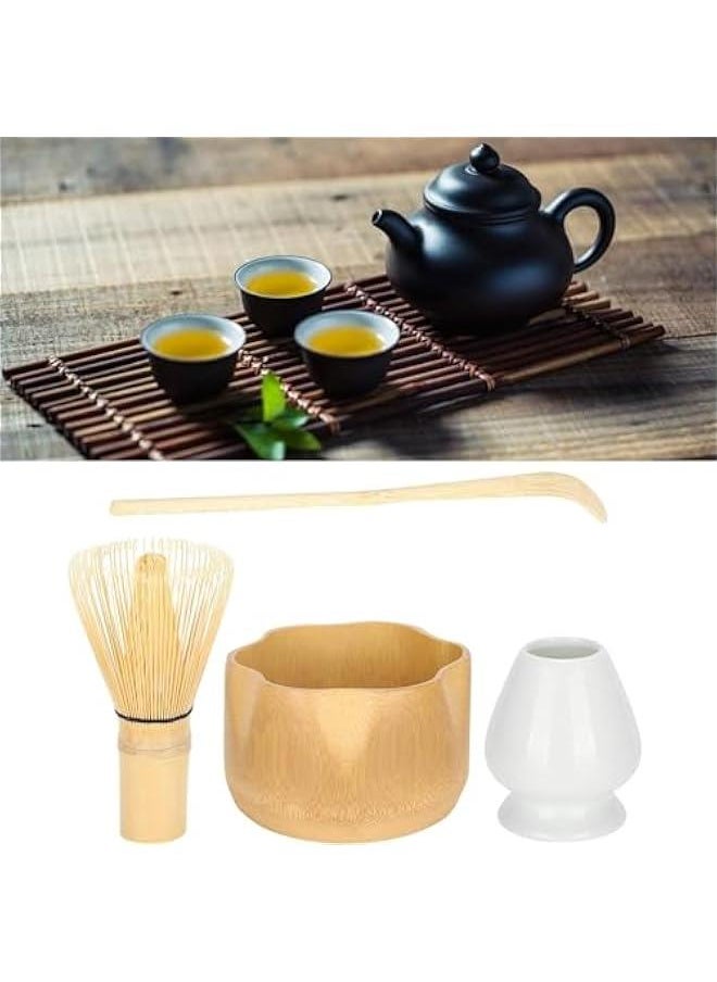 Matcha Whisk Set, 4pcs Japanese Tea Set,Matcha Whisk,Traditional Scoop, Matcha Bowl, Ceramic Whisk Holder,Traditional Matcha Tool Set for Matcha Tea Ceremony (wooden)