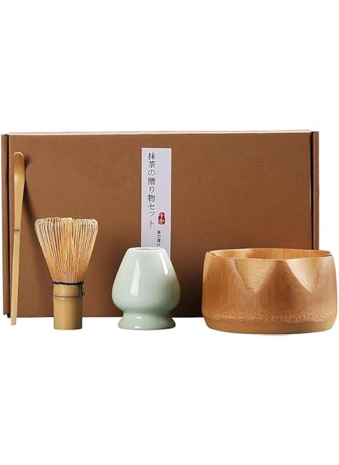 Matcha Whisk Set, 4pcs Japanese Tea Set,Matcha Whisk,Traditional Scoop, Matcha Bowl, Ceramic Whisk Holder,Traditional Matcha Tool Set for Matcha Tea Ceremony (wooden)