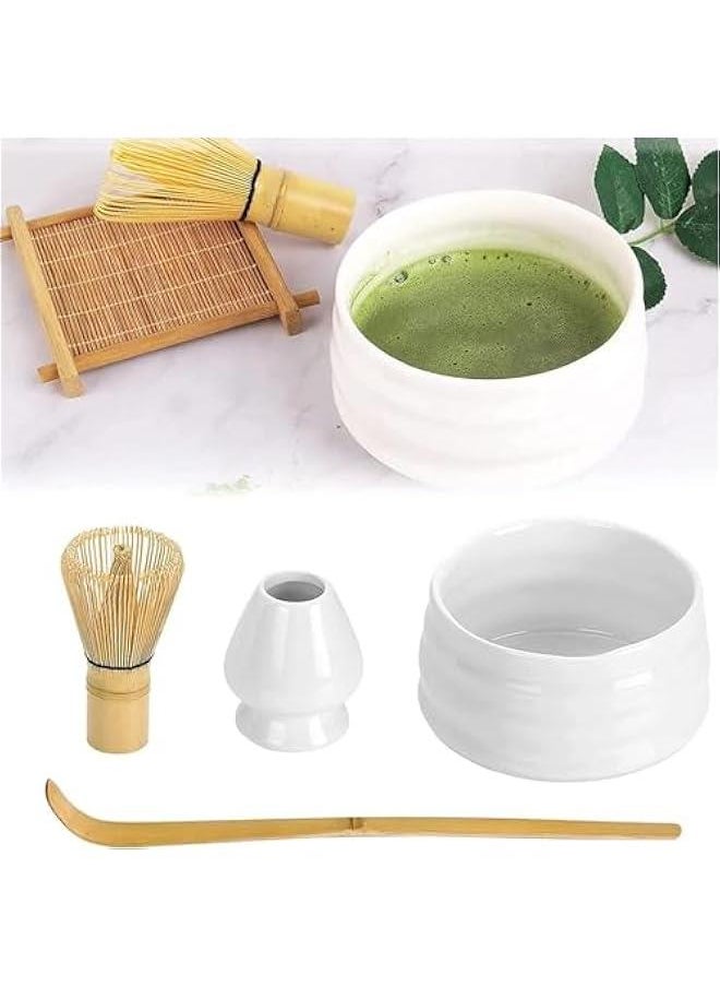 Matcha Whisk Set, 4pcs Japanese Tea Set,Matcha Whisk,Traditional Scoop, Matcha Bowl, Ceramic Whisk Holder,Traditional Matcha Tool Set for Matcha Tea Ceremony (White)