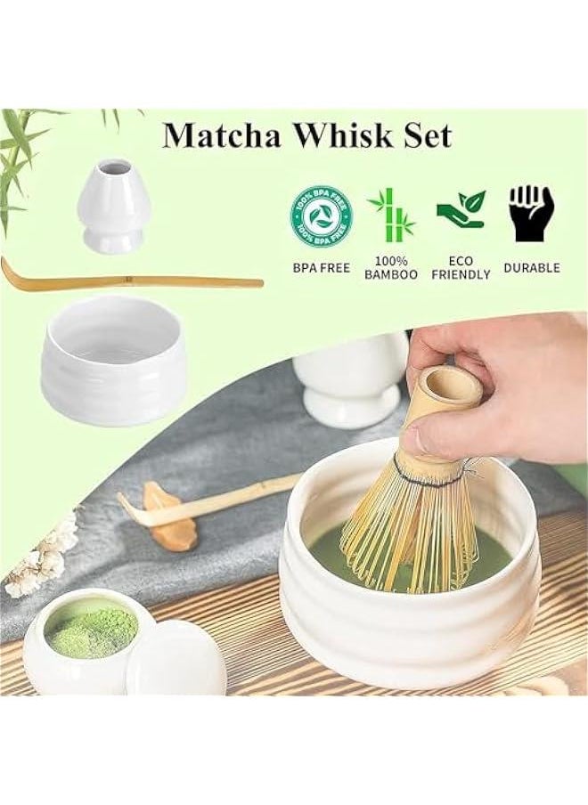 Matcha Whisk Set, 4pcs Japanese Tea Set,Matcha Whisk,Traditional Scoop, Matcha Bowl, Ceramic Whisk Holder,Traditional Matcha Tool Set for Matcha Tea Ceremony (White)